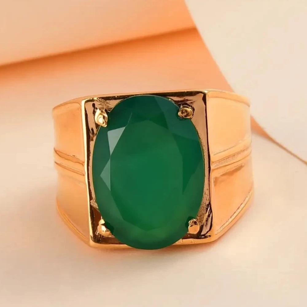 Men's Ring; Natural Green Onyx Gem-ION Plated 14K YG 316L Stainless Steel SZ 10